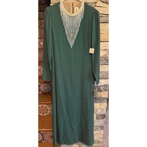 Richilene Green Vintage 100% Silk Formal Long Beaded Dress Size 14